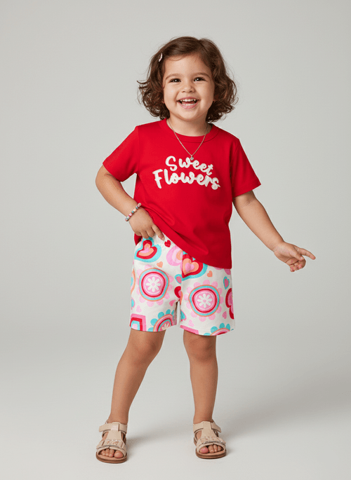 Conjunto Menina Sweet Flowers Vermelho Abrange