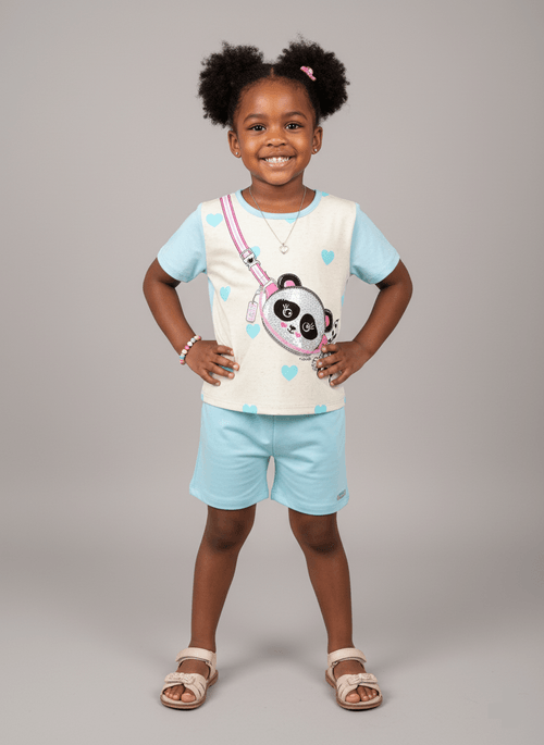 Conjunto Menina Panda Azul Abrange