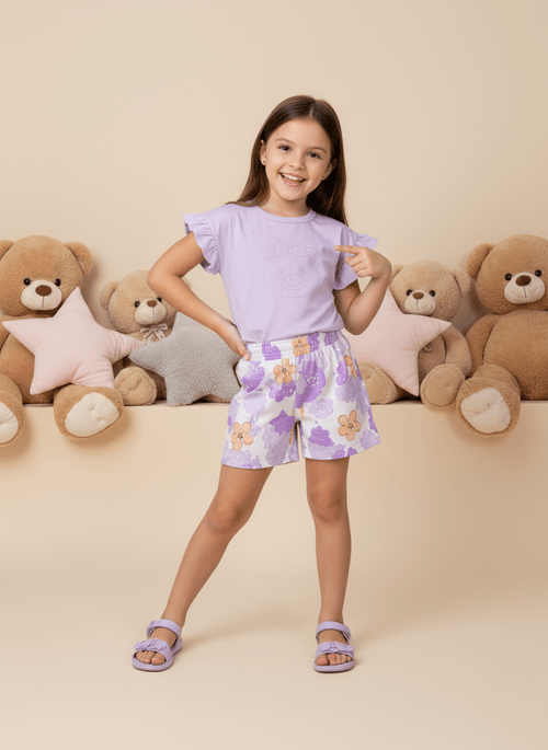 Conjunto Menina Urso de Strass Lilás Abrange