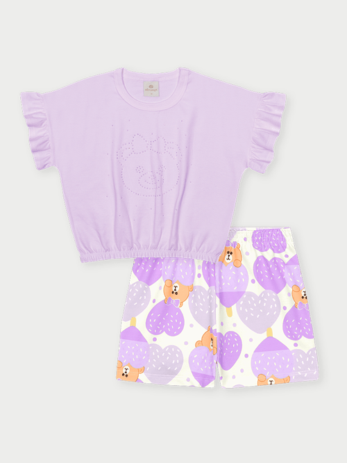 Conjunto Menina Urso de Strass Lilás Abrange