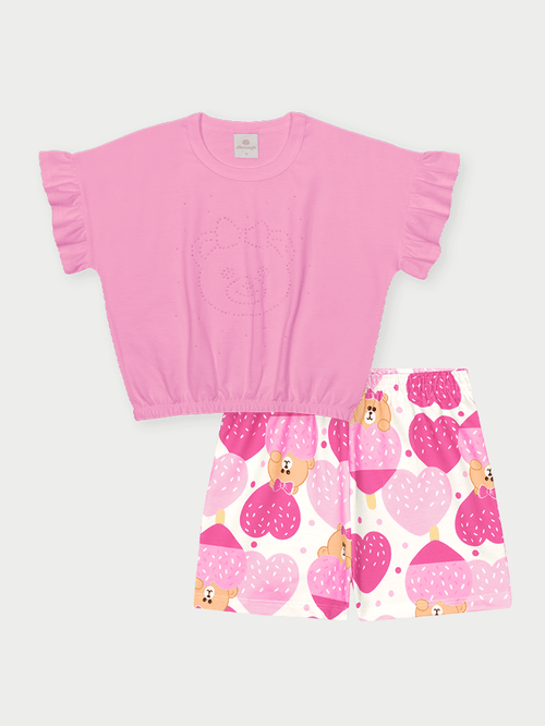 Conjunto Menina Urso de Strass Rosa Abrange