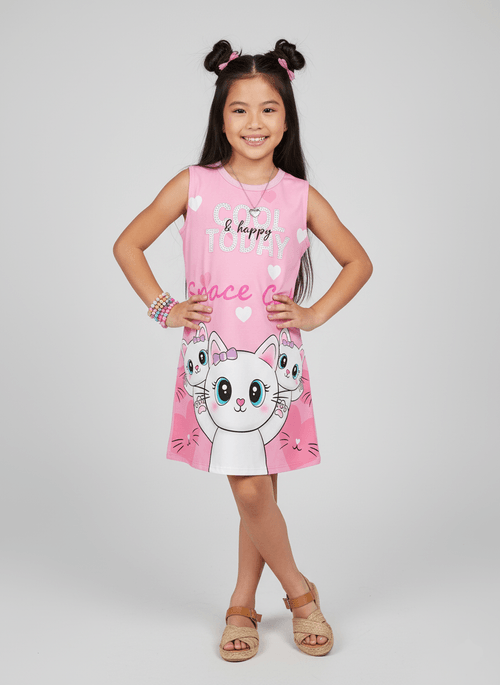 Vestido Infantil Space Cats Rosa Abrange