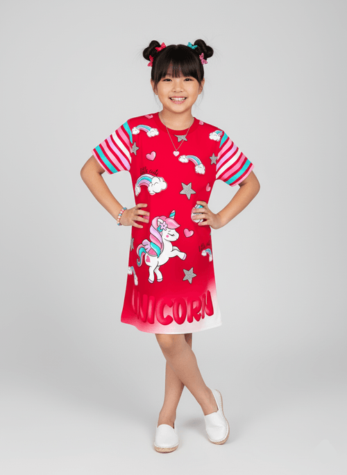 Vestido Infantil Unicórnio Vermelho Abrange