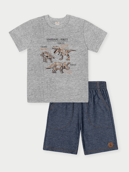 Conjunto Menino Robôs Dinossauros Cinza Abrange