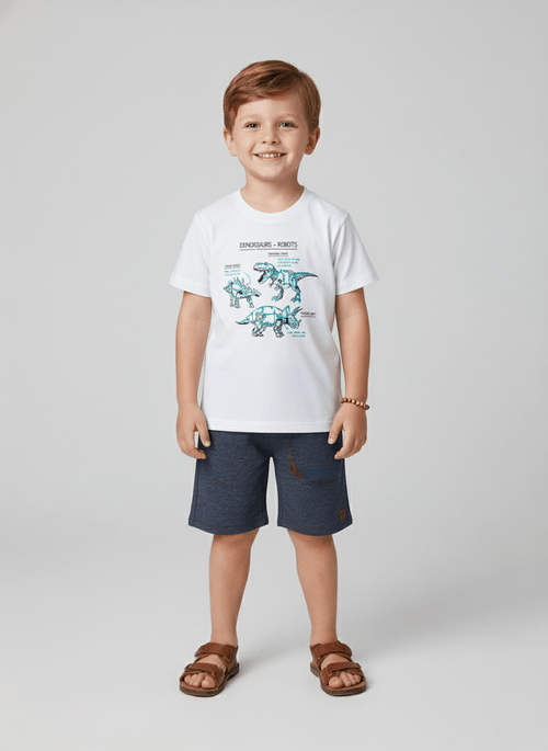 Conjunto Menino Robôs Dinossauros Branco Abrange