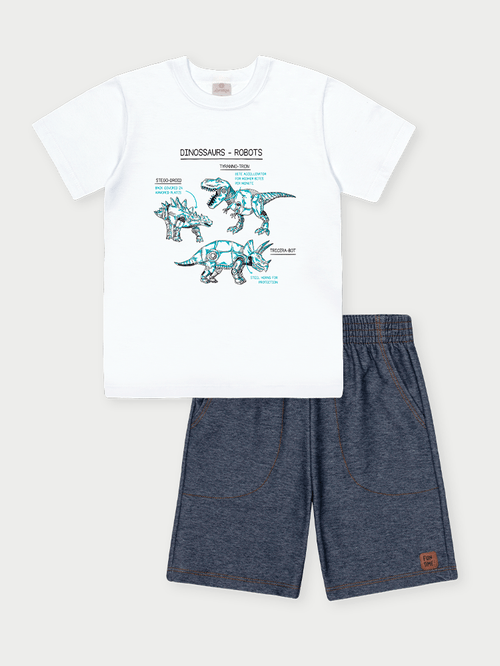 Conjunto Menino Robôs Dinossauros Branco Abrange