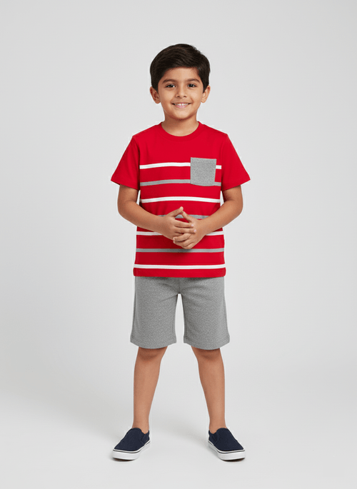 Conjunto Menino Listras Vermelho Abrange