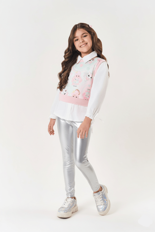 Conjunto Infantil Menina Colete E Legging Holográfico Prata Mundo Cinti