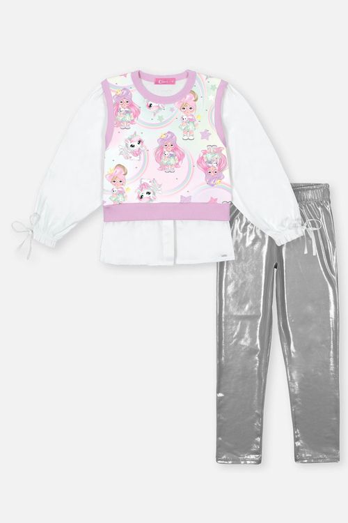 Conjunto Infantil Menina Colete E Legging Holográfico Prata Mundo Cinti