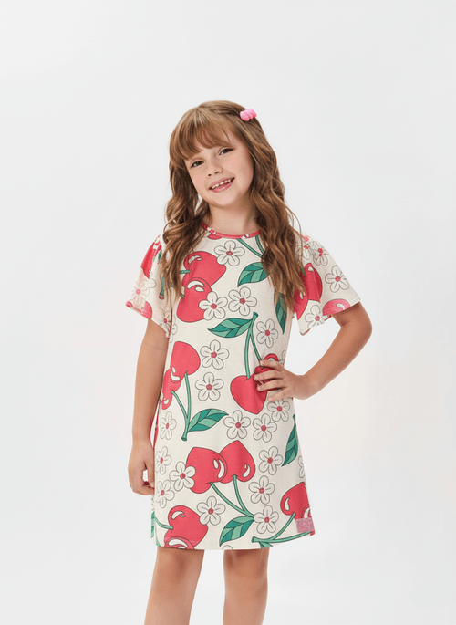 Vestido Menina em Cotton Cerejas Vermelho Mundo Cinti