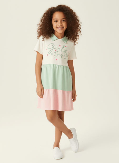 Vestido Gola Polo Natural, Verde Menta E Rosa Neon Abrange