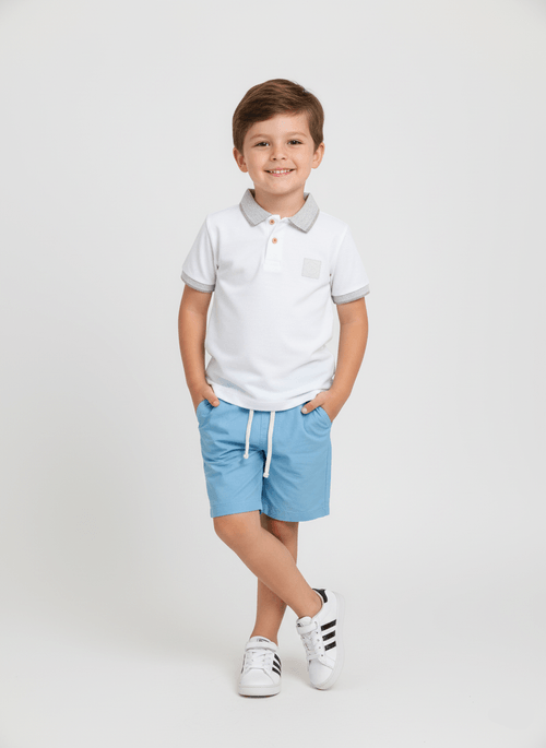 Conjunto Camisa Polo E Bermuda Branco E Azul Abrange