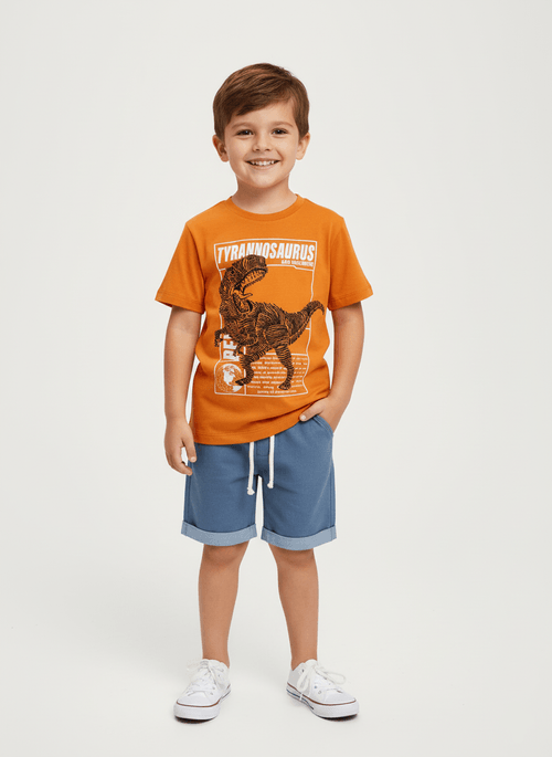 Conjunto Camiseta E Bermuda Dino Laranja E Azul Jeans Médio Abrange