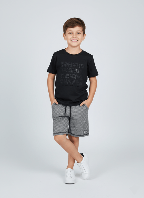 Conjunto Camiseta E Bermuda Listrada Cinza Chumbo E Preto Abrange