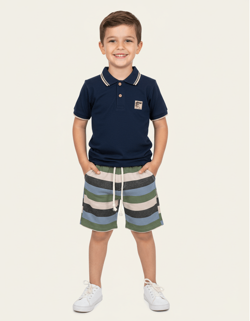 Conjunto Camisa Polo E Bermuda Listrada Azul Marinho Abrange