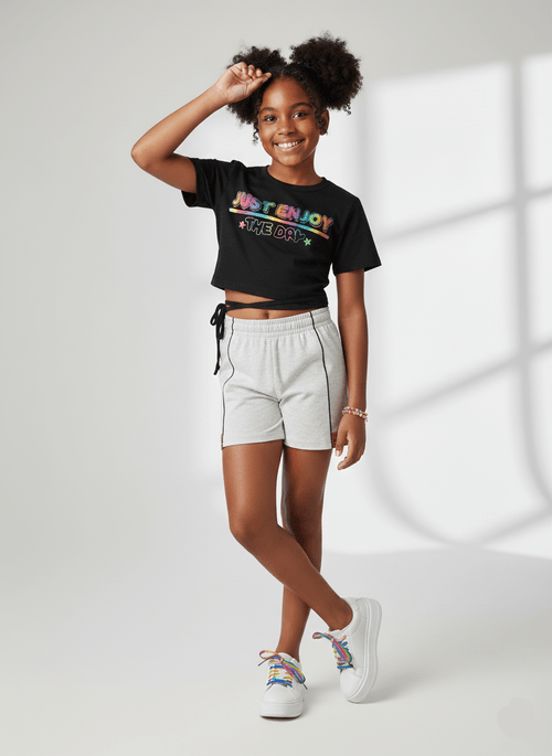 Conjunto Blusa Com Amarração E Short Preto E Mescla Abrange