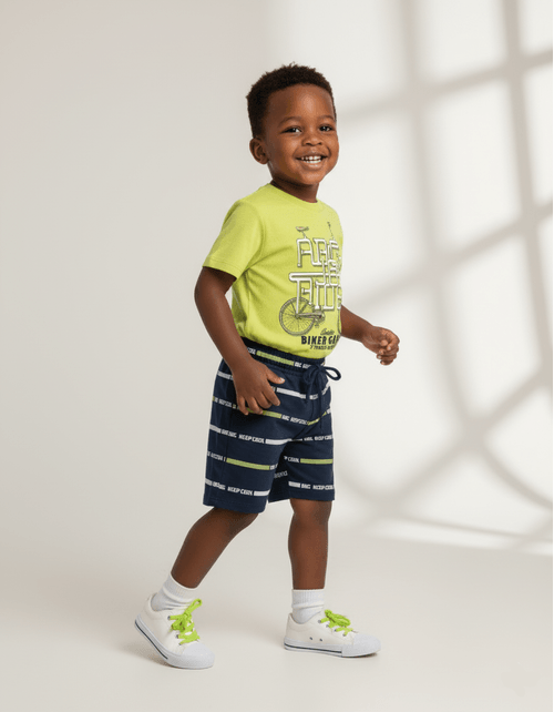 Conjunto Camiseta E Bermuda Bike Verde E Azul Marinho Abrange
