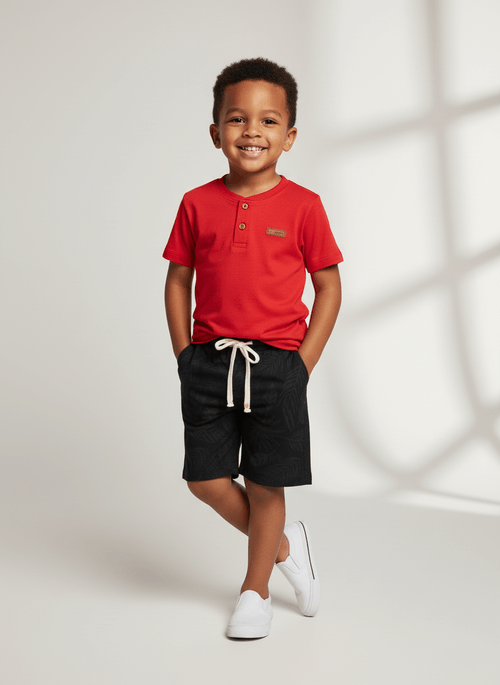 Conjunto Camisa Estampa Costas E Bermuda Vermelho E Cinza Chumbo Abrange