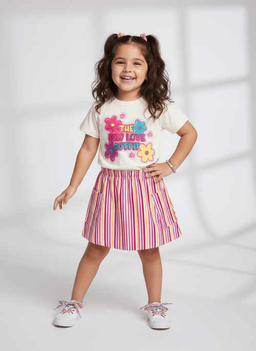 Conjunto Blusa E Saia Listrada Natural E Rosa Neon Abrange