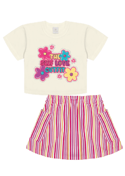 Conjunto Blusa E Saia Listrada Natural E Rosa Neon Abrange