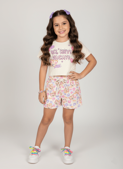 Conjunto Blusa Cropped E Short Ursinho Natural E Rosa Abrange