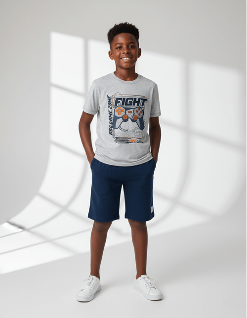 Conjunto Camiseta E Bermuda Game Mescla E Azul Marinho Abrange