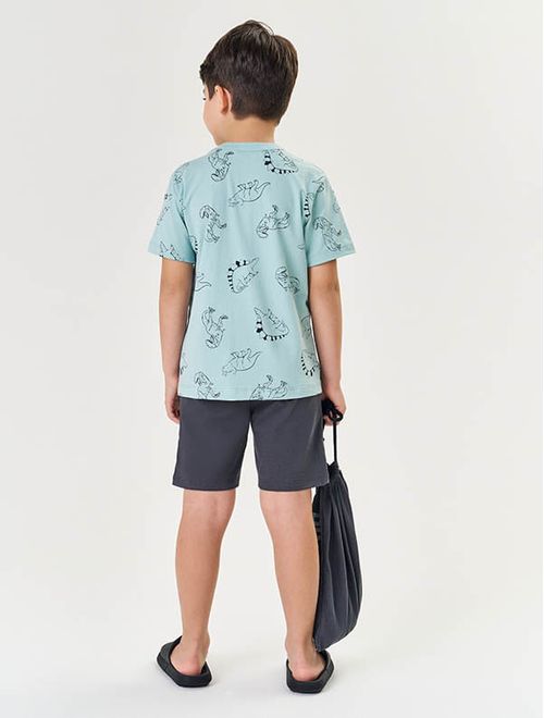 Pijama Infantil Menino Camiseta, Bermuda E Bolsa Dino Verde Divertto