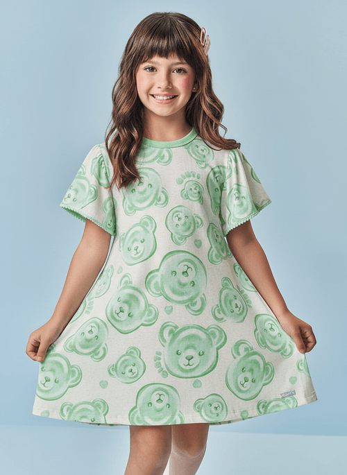 Vestido Infantil Menina Cabeça de Ursinhos Verde Mundo Cinti