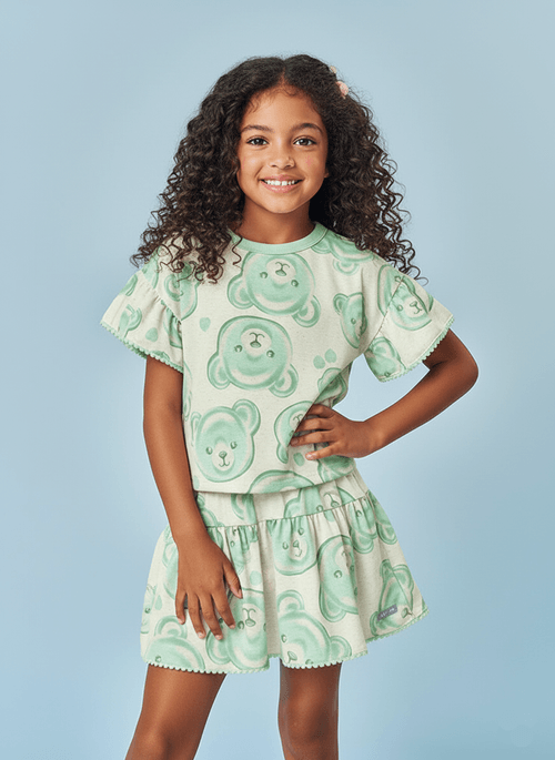 Conjunto Infantil Menina Cabeça de Ursinhos Verde Mundo Cinti