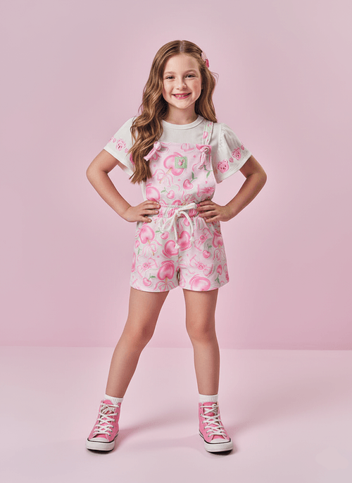Conjunto de Jardineira Infantil Menina Corações do Amor Rosa Mundo Cinti