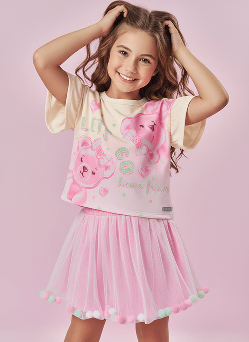 Blusa Cropped Infantil Menina Ursinhas Natural Mundo Cinti