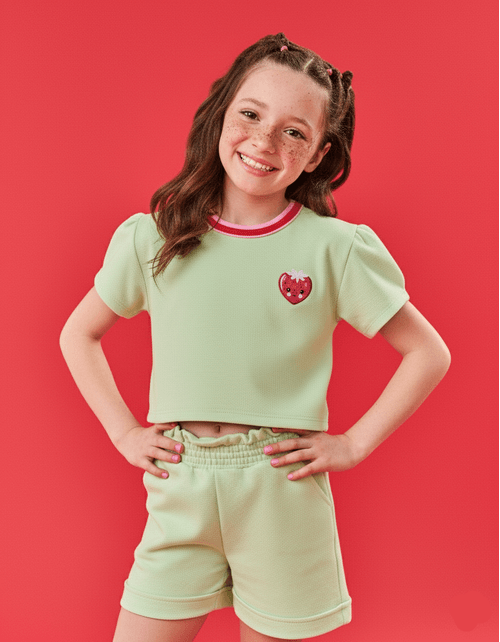 Conjunto Infantil Menina Blusa, Short E Mochila Strawberry Verde E Rosa Cinti