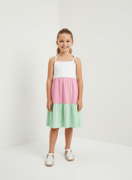 Vestido Três Marias Branco, Rosa E Verde Abrange