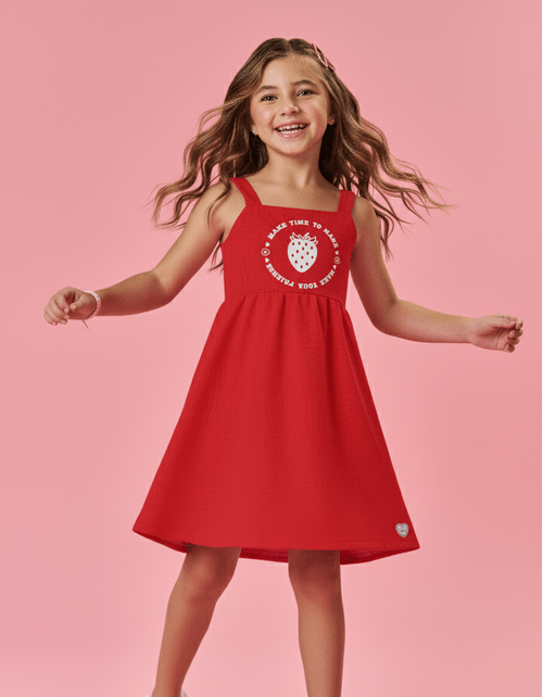 Vestido Infantil Menina Tutti-Frutti Com Laço Costas Vermelho Mundo Cinti