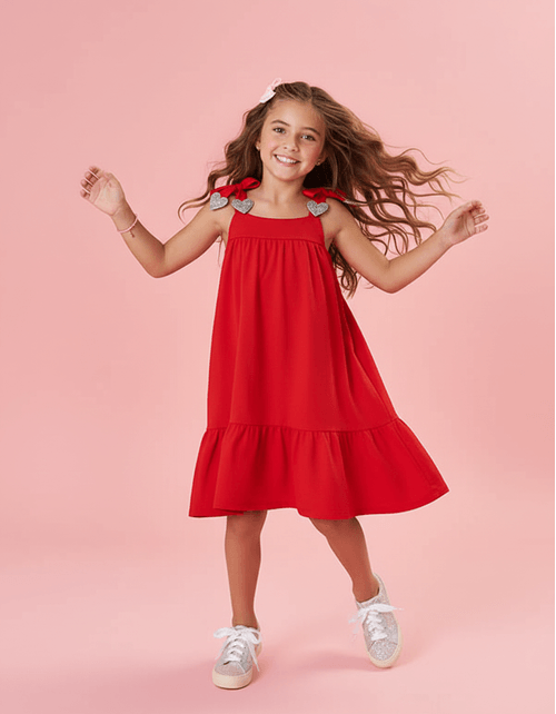 Vestido Infantil Menina Com Laço Vermelho Mundo Cinti