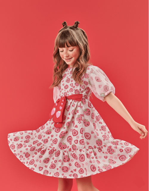 Vestido Infantil Menina Strawberry Com Pompom Off White E Vermelho Cinti