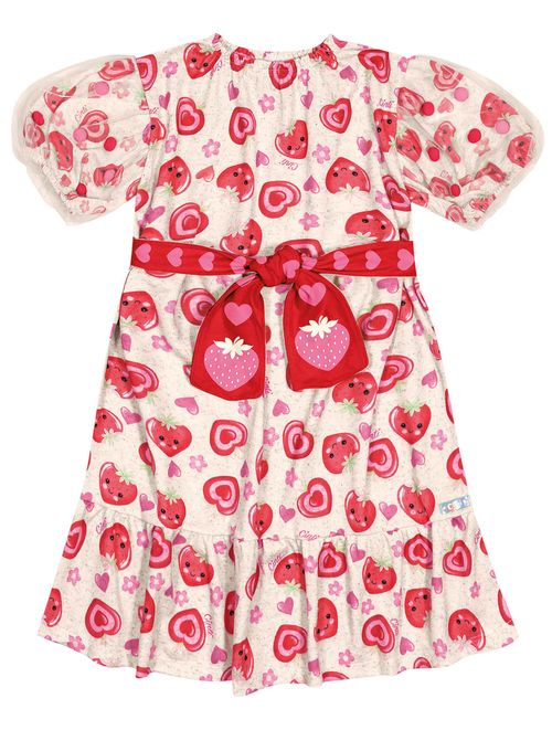 Vestido Infantil Menina Strawberry Com Pompom Off White E Vermelho Cinti