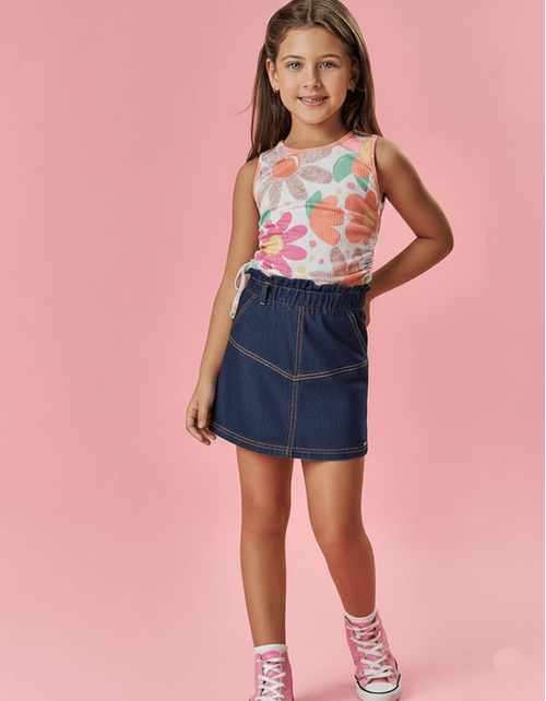 Conjunto Infantil Menina Blusa Floral, Short-Saia E Lenço Laranja Mundo Cinti