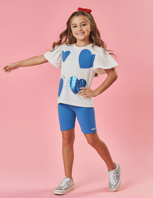 Conjunto Infantil Menina Blusa Coração Paetê E Ciclista Azul Mundo Cinti