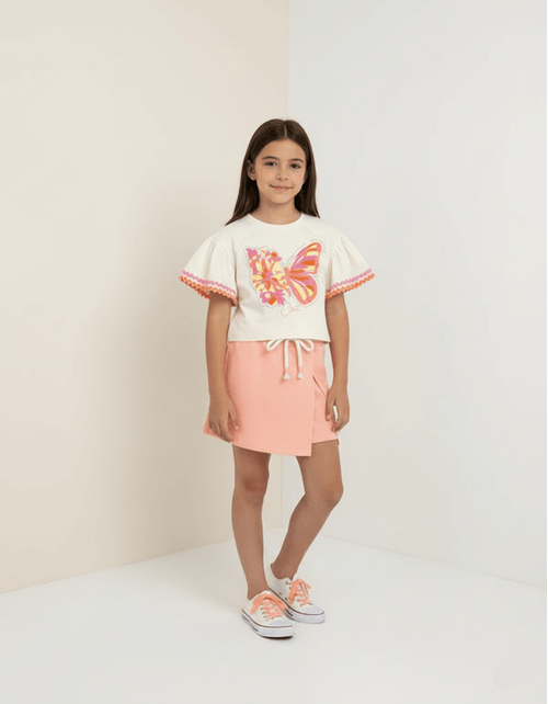 Conjunto Infantil Menina Blusa Borboleta E Short-Saia Laranja Neon Mundo Cinti