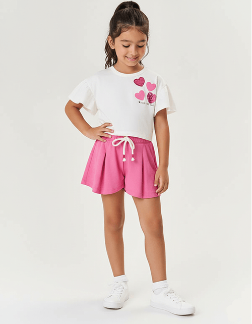 Conjunto Infantil Menina Blusa Coração Paetê E Short Rosa Mundo Cinti