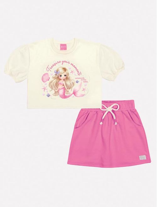 Conjunto Infantil Menina Blusa Sereia E Short-Saia Natural E Rosa Mundo Cinti