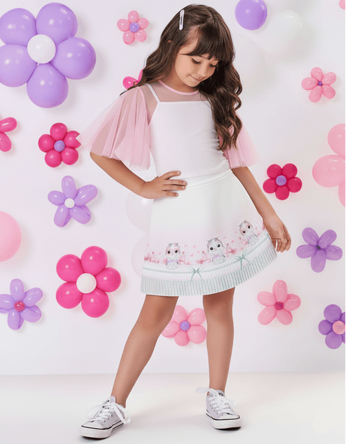 Conjunto Infantil Menina Top, Blusa E Saia-Short Gatinha Rosa Mundo Cinti