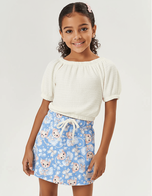 Conjunto Infantil Menina Blusa E Short-Saia Ursinhos Azul Mundo Cinti