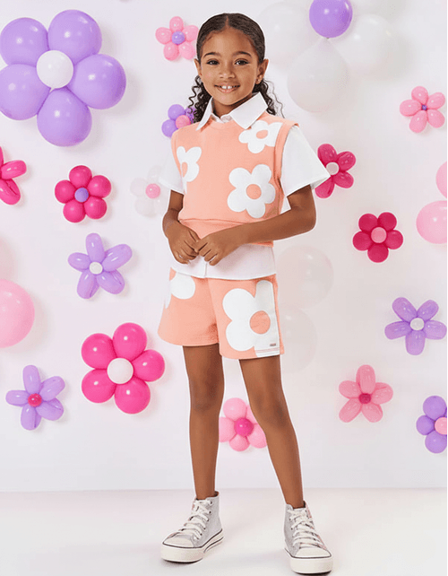 Conjunto Infantil Menina Camisa, Colete E Short Flor Laranja Neon Mundo Cinti