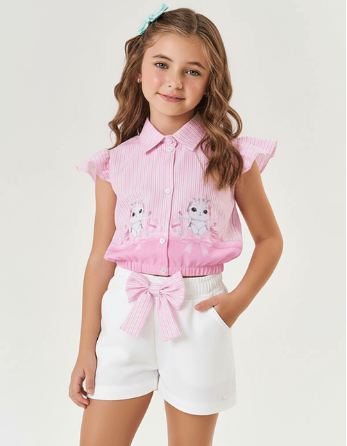 Conjunto Infantil Menina Camisa Gatinha E Short Rosa E Off White Mundo Cinti