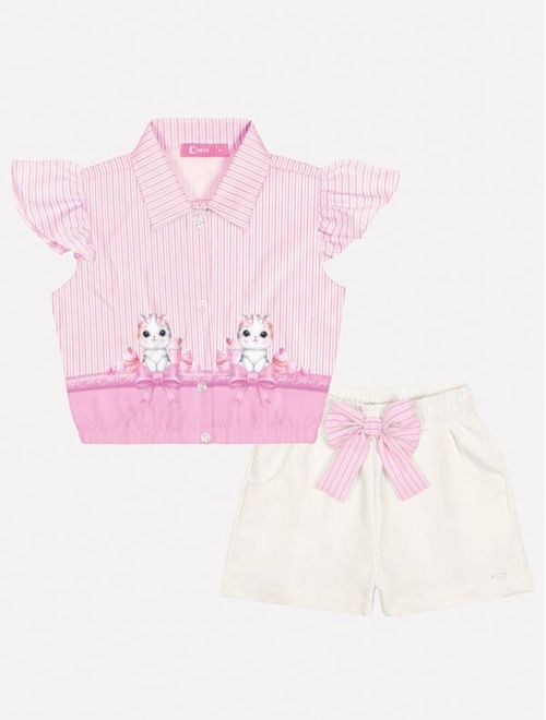 Conjunto Infantil Menina Camisa Gatinha E Short Rosa E Off White Mundo Cinti