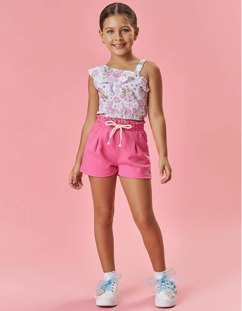 Conjunto Infantil Menina Blusa Sereia E Short Rosa Mundo Cinti