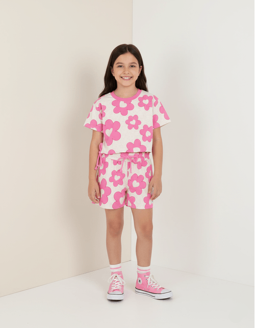 Conjunto Infantil Menina Blusa E Short Floral Rosa Mundo Cinti
