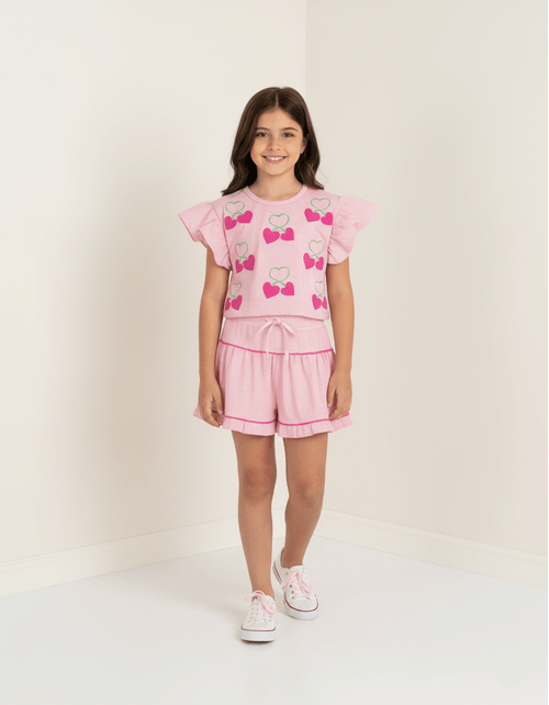 Conjunto Infantil Menina Tutti-Frutti Blusa E Short Listras Rosa Mundo Cinti